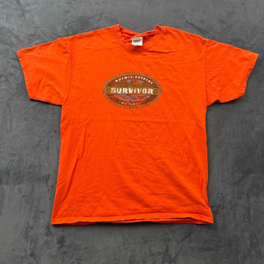 Survivor Outwit Outplay Outlast T-Shirt Mens Large Orange Hanes Heavyweight Tee
